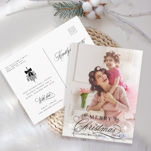 Romantische Kalligrafie Frohe Weihnachten Foto Postkarte (Front & Back)