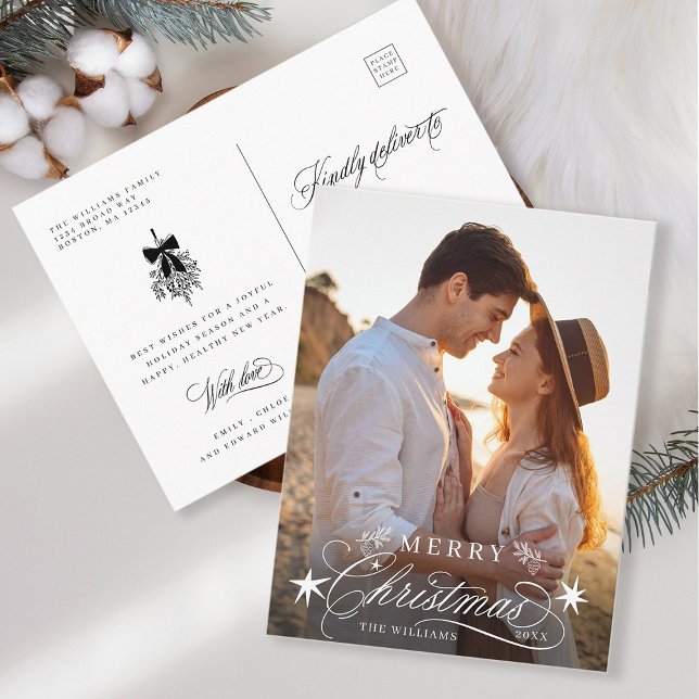 Romantische Kalligrafie Frohe Weihnachten Foto Postkarte (Front & Back)