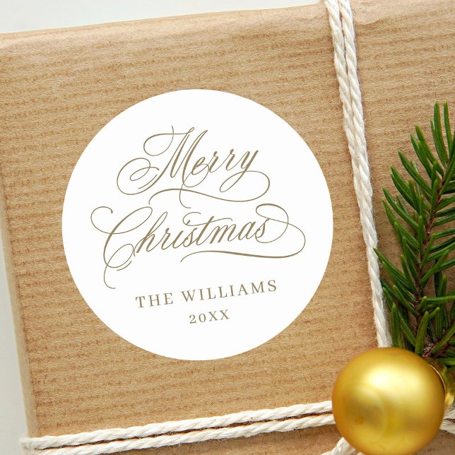 Romantische Kalligrafie Frohe Weihnachten Gold & W Runder Aufkleber (Von Creator hochgeladen)