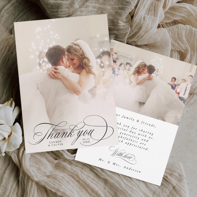 Romantische Kalligrafie Hochzeit 2 Foto Dankeskarte (Front & Back)