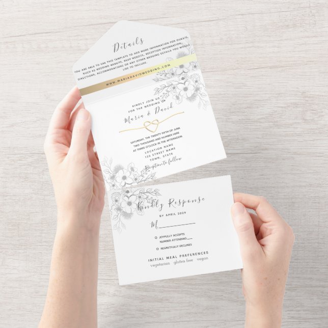 Romantische Kalligrafie-Hochzeit All In One Einladung (Abreißen)
