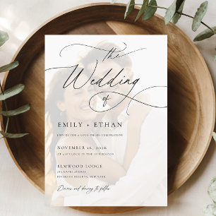 Romantische Kalligrafie-Overlay-Foto Hochzeit Einladung