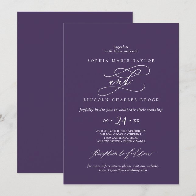 Romantische Kalligrafie Pum Lila Blüh Hochzeit Einladung (Vorne/Hinten)