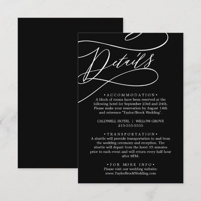 Romantische Kalligrafie | Schwarze Hochzeiten Begleitkarte (Vorne/Hinten)