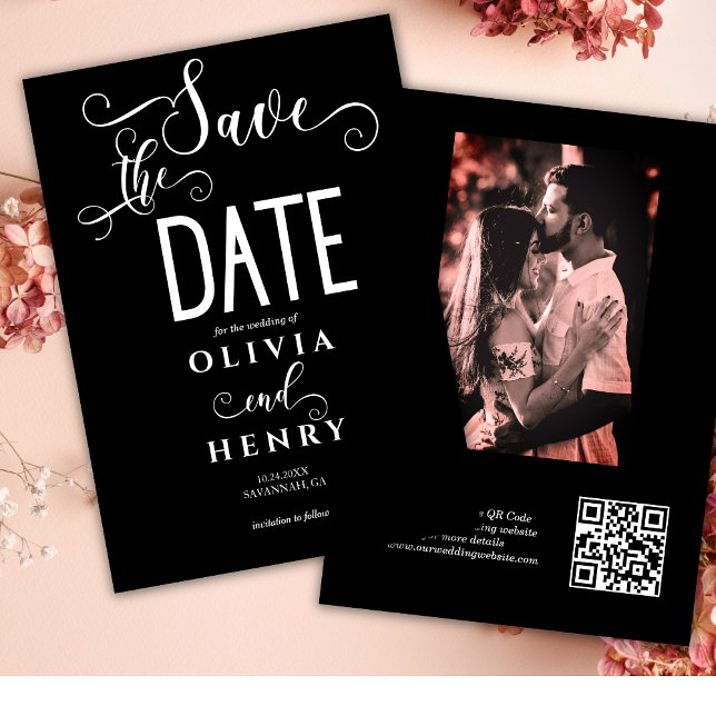 Romantische Kalligrafie Script Black Foto QR Code Save The Date (Von Creator hochgeladen)