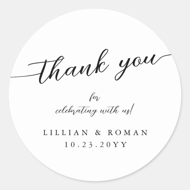 Romantische Kalligrafie Script Black & White Weddi Runder Aufkleber (Vorderseite)