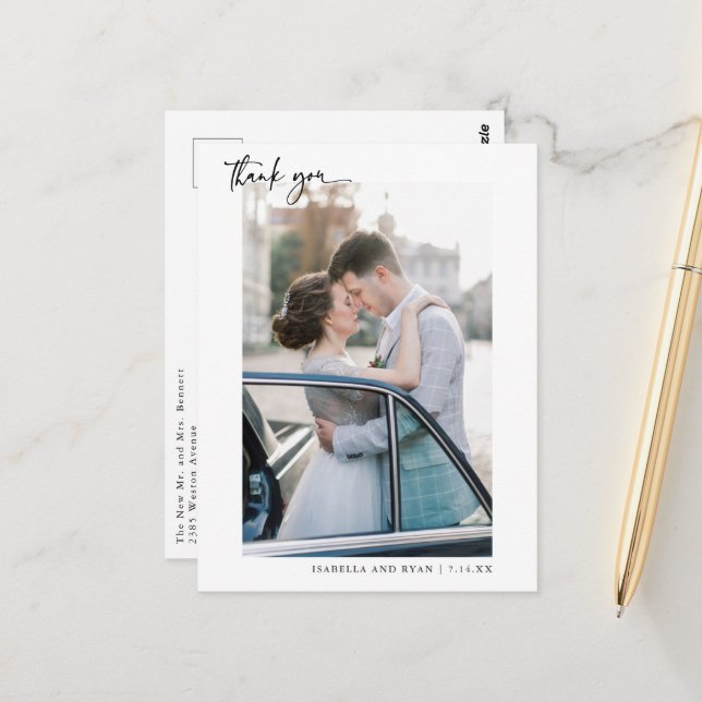Romantische Kalligrafie-Skript Hochzeit Foto Danke Postkarte (Vorderseite/Rückseite Beispiel)