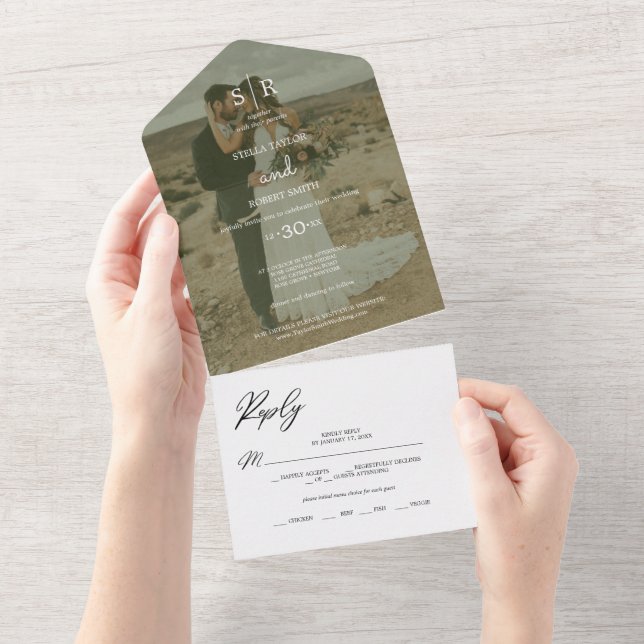 Romantische Kalligraphie Monogram Foto Wedding All In One Einladung (Abreißen)