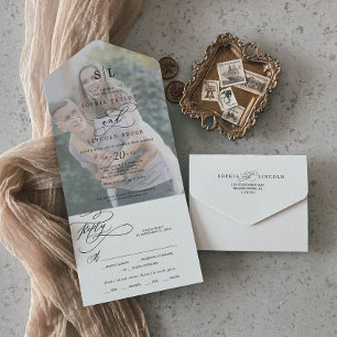 Romantische Kalligraphie Monogram Foto Wedding All In One Einladung
