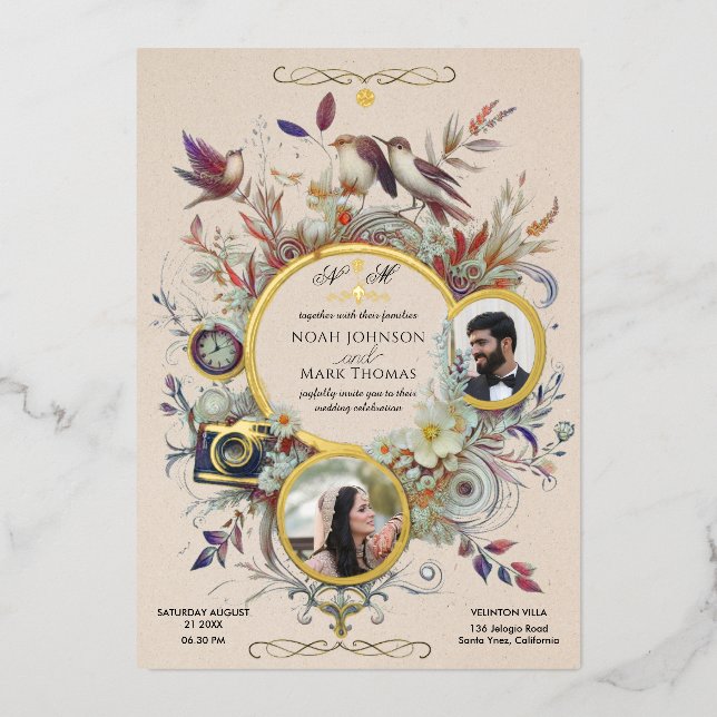 Romantische Kalligraphie Monogram Foto Wedding Folieneinladung (Vorderseite)