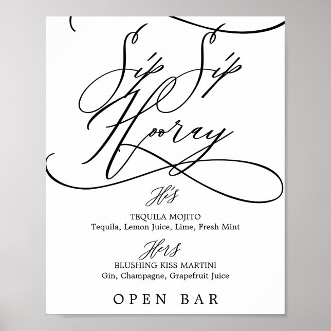 Romantische kalligraphische Sip Hooray Wedding Bar Poster (Vorne)