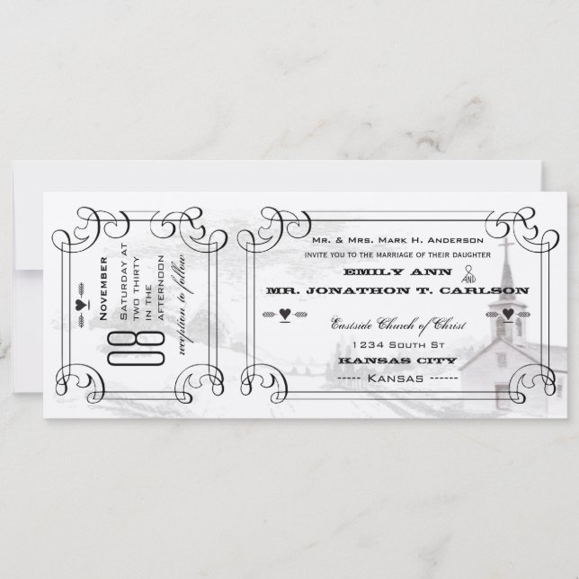 Romantische Kapelle Country Road Ticket Hochzeit Einladung (Vorderseite)