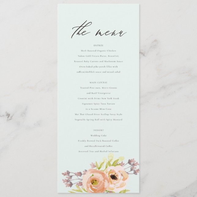 ROMANTISCHE KARTE, LILA, BLUE FLORAL MENU CARU MENÜKARTE (Vorderseite)