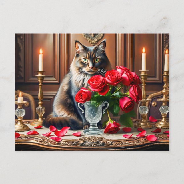 Romantische Katze mit Rose Bouquets Postkarte (Vorderseite)