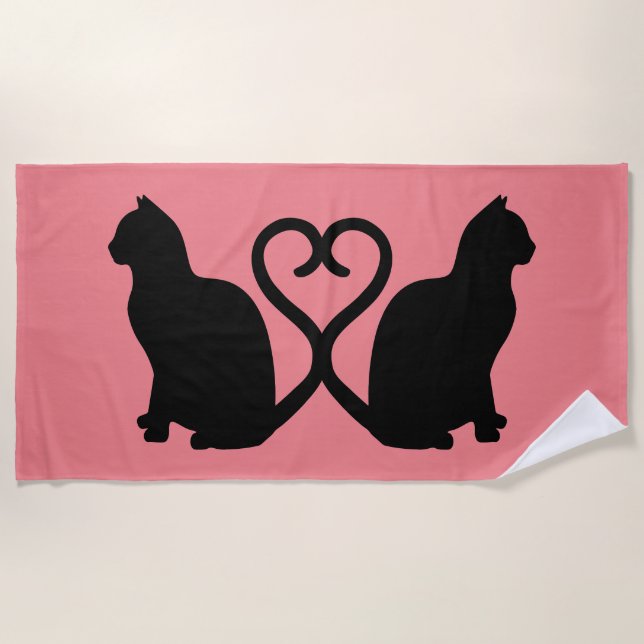 Romantische Katzen Silhouette Herz mit Korallenros Strandtuch (Vorderseite)