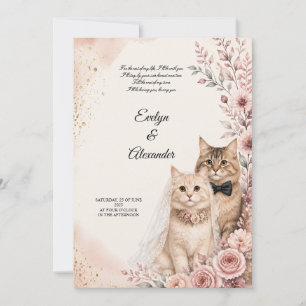 Romantische Katzenhochzeit rosa Rosen Wasserfarben Einladung