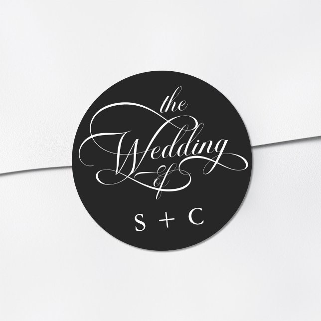 Romantische klassische Kalligrafie Hochzeit Schwar Runder Aufkleber (Von Creator hochgeladen)