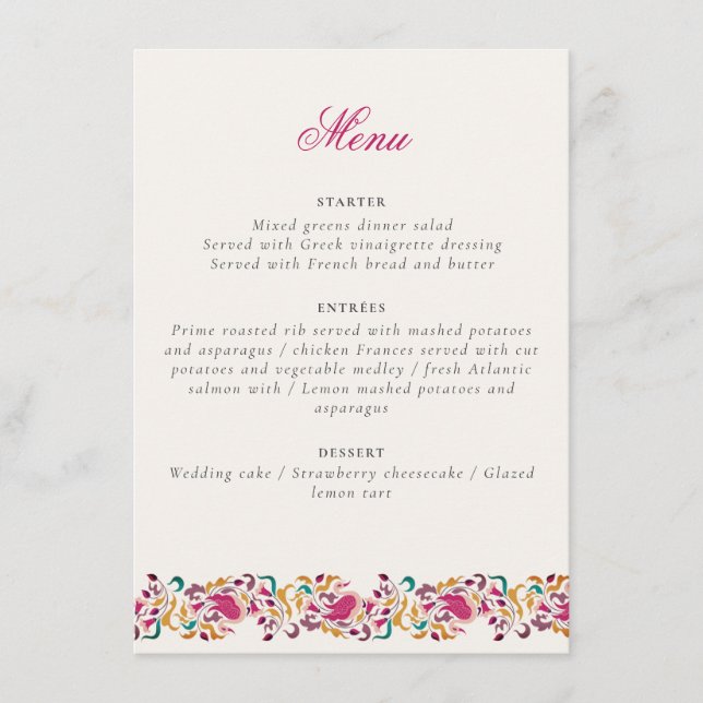 Romantische klassische Pearl Swan Floral Frame Wed Menükarte (Vorderseite)