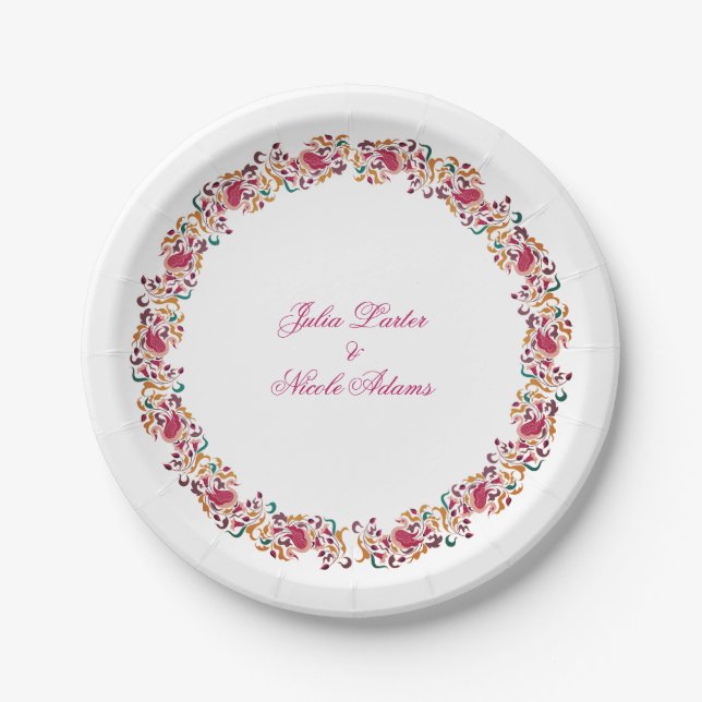 Romantische klassische Pearl Swan Floral Frame Wed Pappteller (Vorderseite)