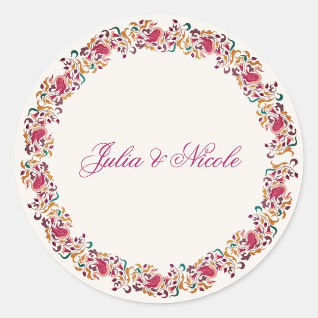 Romantische klassische Pearl Swan Floral Frame Wed Runder Aufkleber (Vorderseite)