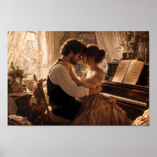 Romantische Klavierumarmung im goldenen Licht Post Poster