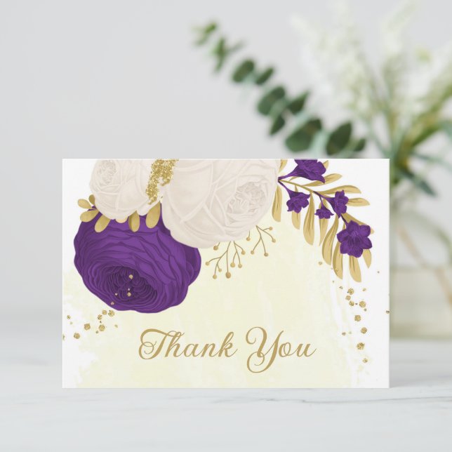 Romantische königliche lila-weiße Blume Gold Dankeskarte (Stehend Vorderseite)