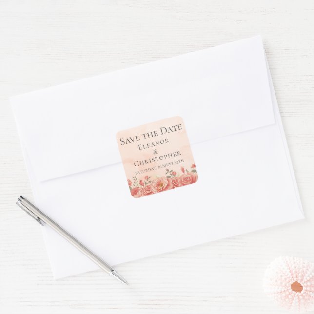 Romantische Korallen Rose Peach Floral Save the Da Quadratischer Aufkleber (Umschlag)