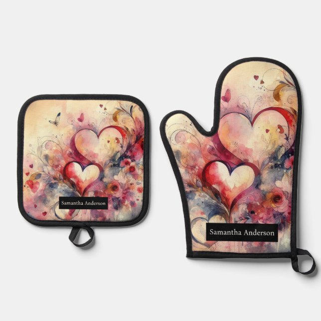Romantische Küche: Abstraktes Herz Ofenhandschuh & Topflappen-Set (Vorderseite)