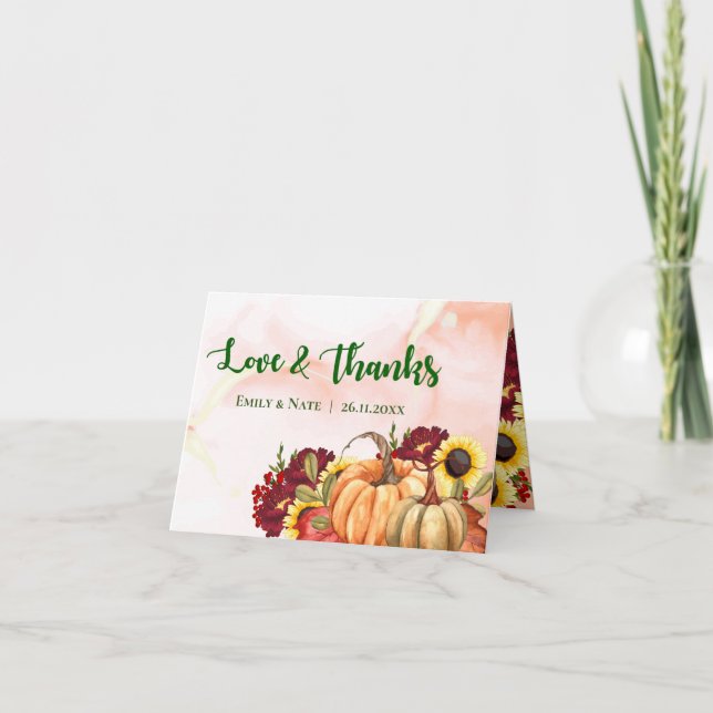 Romantische Kürbiskuhlfahrt lässt Hochzeit im Herb Dankeskarte (Vorderseite)