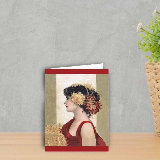 Romantische Lady in Red Note Card Karte (Vintage lady flowers in hair in red dress on gold and white note card.)