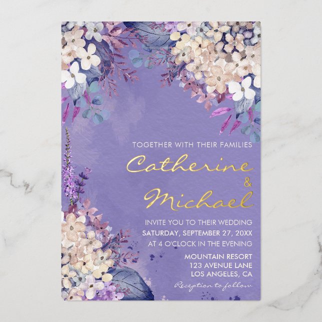Romantische Lavendel-Hochzeit mit floralen Farben Folieneinladung (Vorderseite)