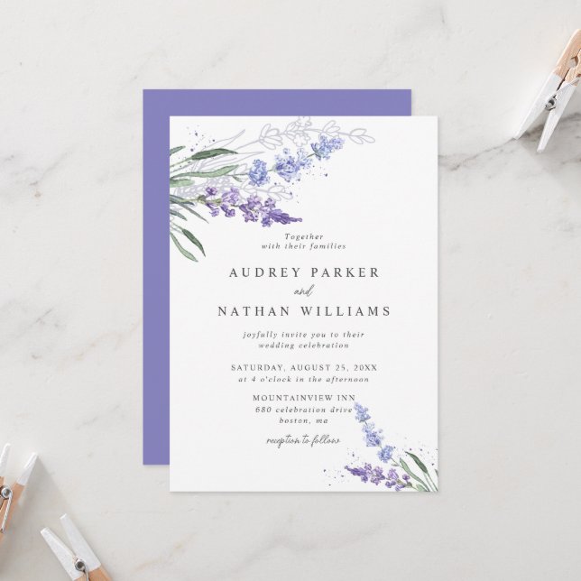 Romantische Lavendel mit Details Hochzeit Einladung (Vorderseite/Rückseite Beispiel)