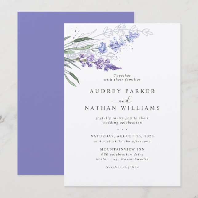 Romantische Lavender Watercolor Blumenhochzeit Einladung (Vorne/Hinten)