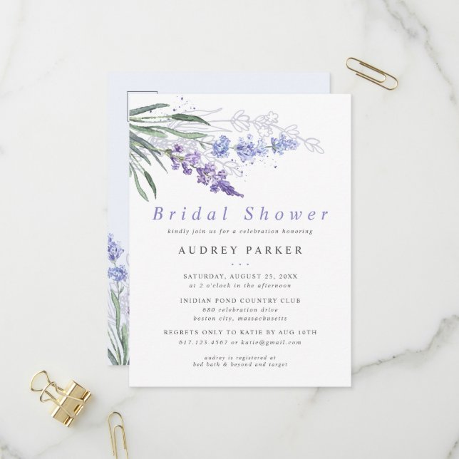 Romantische Lavender Watercolor Blumenhochzeit Einladungspostkarte (Vorderseite/Rückseite Beispiel)