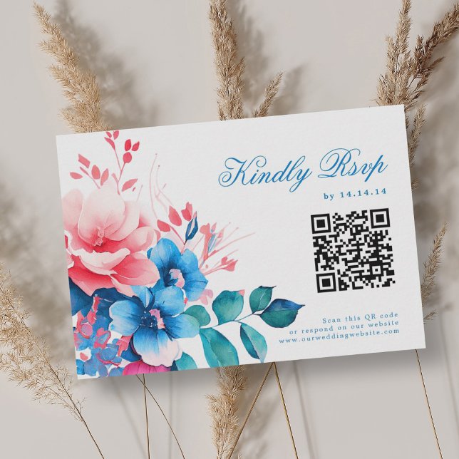 Romantische, lebendige Blaublütenhochzeit RSVP QR (Romantic Vibrant Blue Floral Wedding RSVP QR)