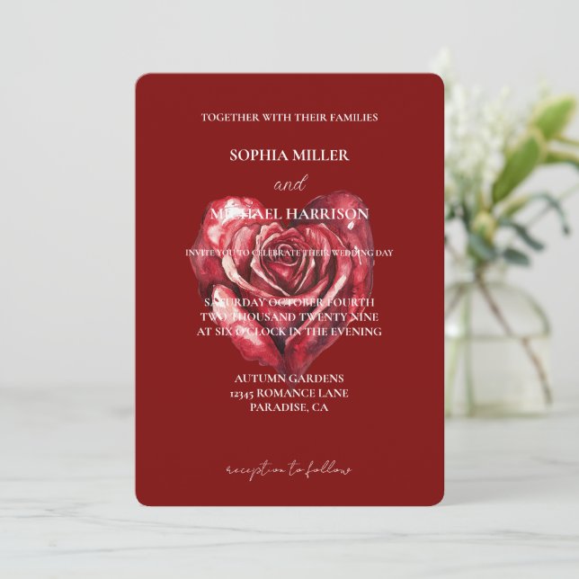 Romantische Liebe Rote Rose Herz Blume Hochzeit Einladung (Stehend Vorderseite)