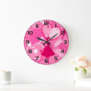 Romantische Liebe Silhouette Muster Rosa Herzen Große Wanduhr