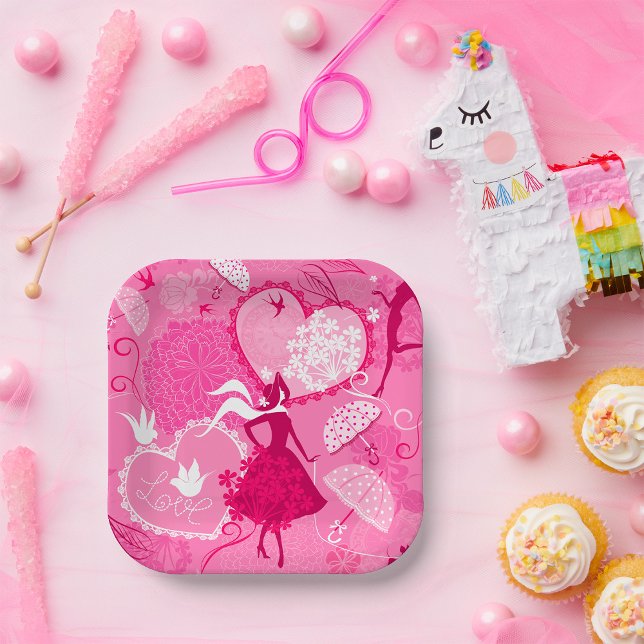 Romantische Liebe Silhouette Muster Rosa Herzen Pappteller (Von Creator hochgeladen)