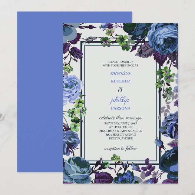 Romantische Light Steel Blue Cabbage Rose Hochzeit Einladung (Vorne/Hinten)