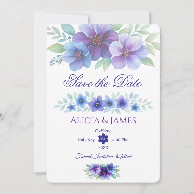Romantische Lila Blaue Botanische Wasserfarbenhoch Save The Date (Vorderseite)