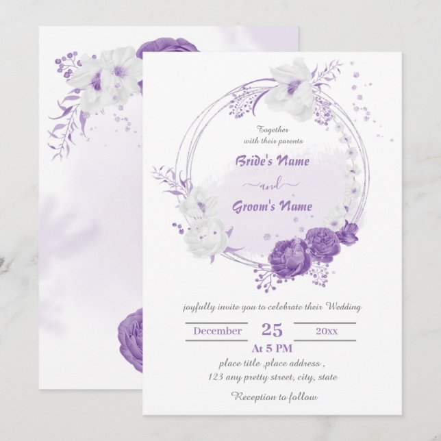 romantische lila Blume Boanischer Kranz Hochzeit Einladung (Vorne/Hinten)