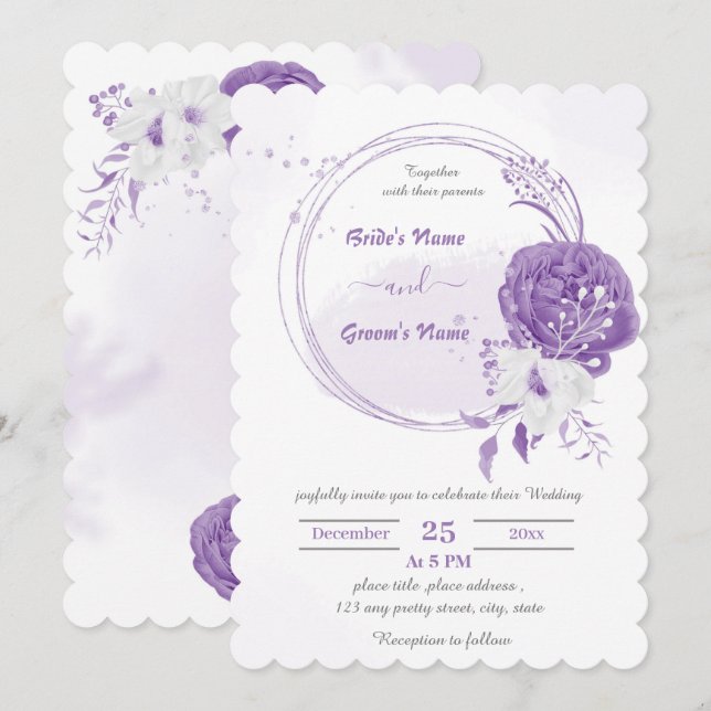 romantische lila Blume Boanischer Kranz Hochzeit Einladung (Vorne/Hinten)