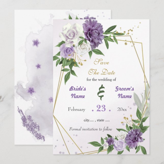Romantische lila Blume, goldfarben Save The Date (Vorne/Hinten)