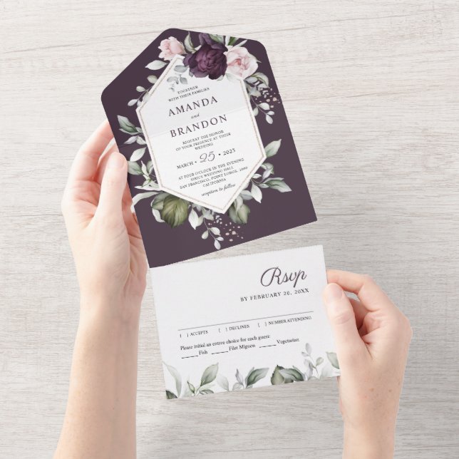 Romantische Lila Blume | Greenery Wedding All In One Einladung (Abreißen)