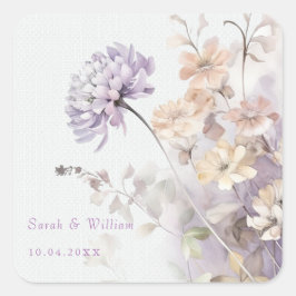 Romantische lila Blume Hochzeitsticker Quadratischer Aufkleber