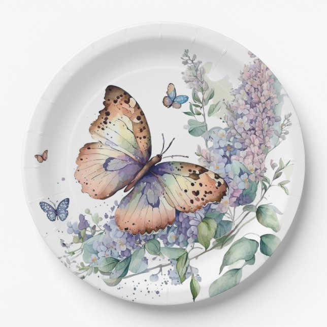 Romantische lila Blume und Schmetterling Pappteller (Vorderseite)