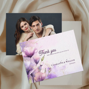 Romantische lila Blumen-Foto-Hochzeit Danke Postkarte