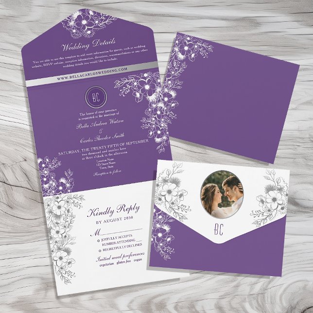 Romantische Lila Blumenhochzeit All In One Einladung (Von Creator hochgeladen)