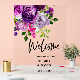 Romantische Lila Blumenhochzeit Willkommen Acrylschild