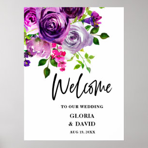 Romantische Lila Blumenhochzeit Willkommen Poster